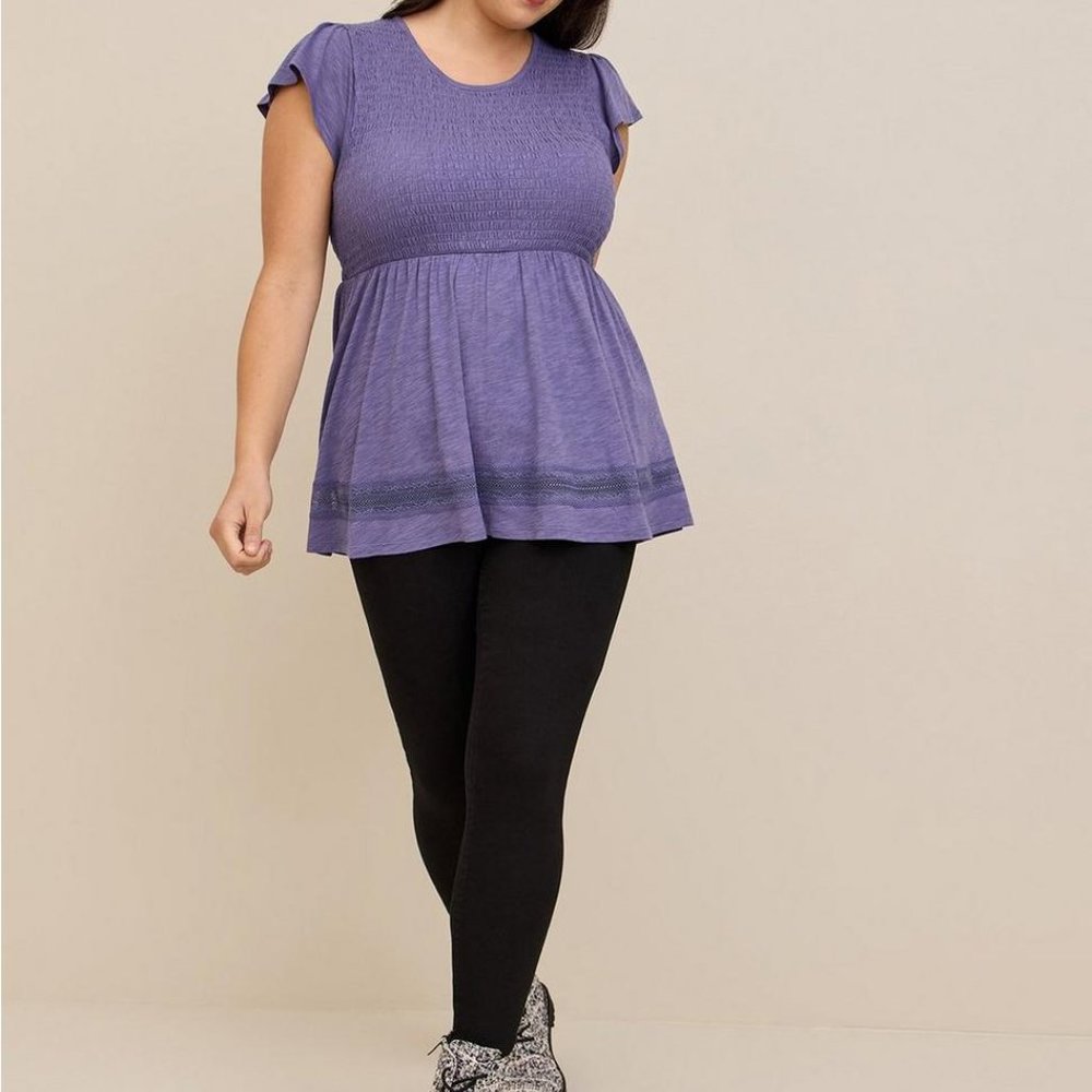 Torrid - Size 2 - Babydoll Crew Neck Smocked Bodice Lace Inset Top - Picture 4 of 4